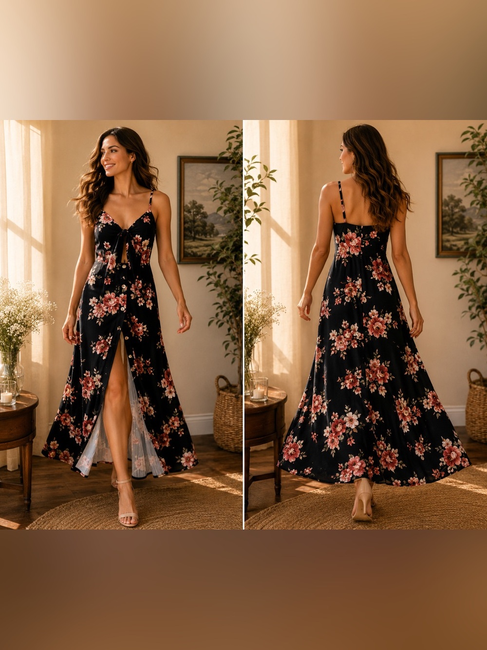 Black Floral Maxi Dress – Spaghetti Strap, Button Front